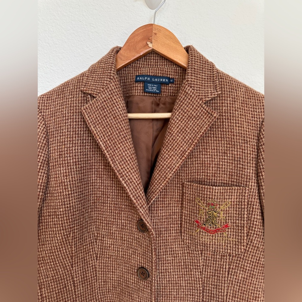 Vintage Ralph Lauren houndstooth riding blazer pure Woolmark Plaid Trim Italy 12 - Picture 4 of 17